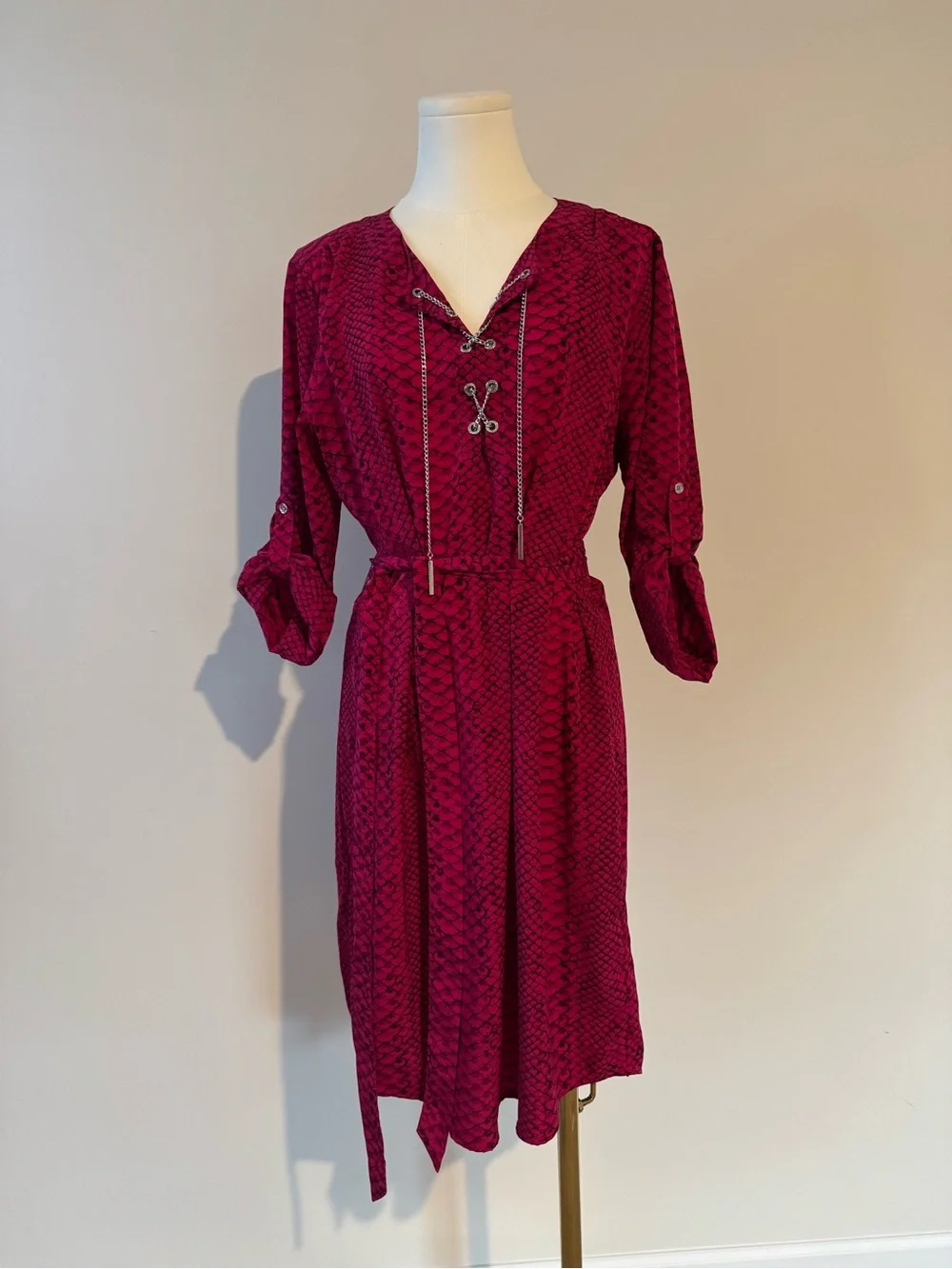 Michael Kors Pink Magenta Snake Print Tie Neck Dress Roll Tab Sleeves Size L